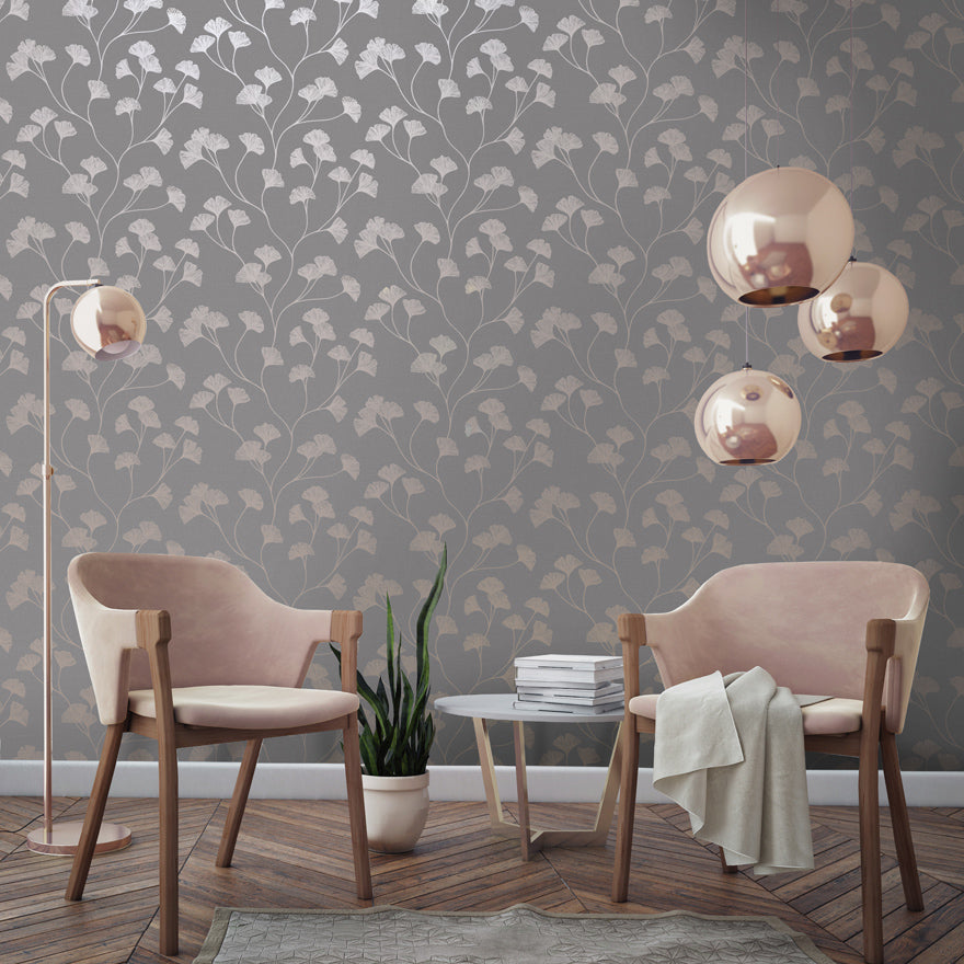12702 - Glistening Ginkgo Wallpaper - Rosegold/Grey - Holden Decor