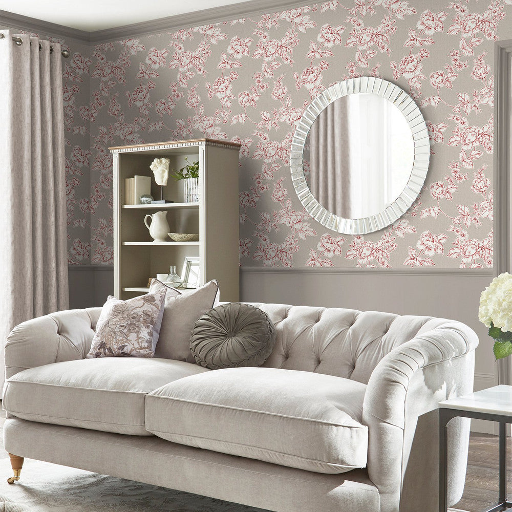 127388 - Pollington Roses Wallpaper - Dark Dove Grey - Laura Ashley