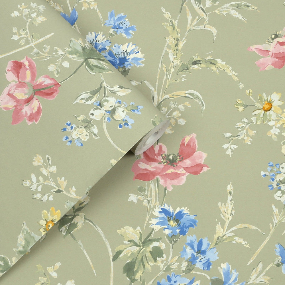 127405 - Poppy Meadow Wallpaper - Sage Green - Laura Ashley