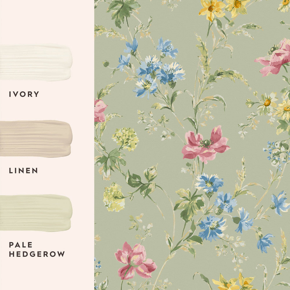 127405 - Poppy Meadow Wallpaper - Sage Green - Laura Ashley