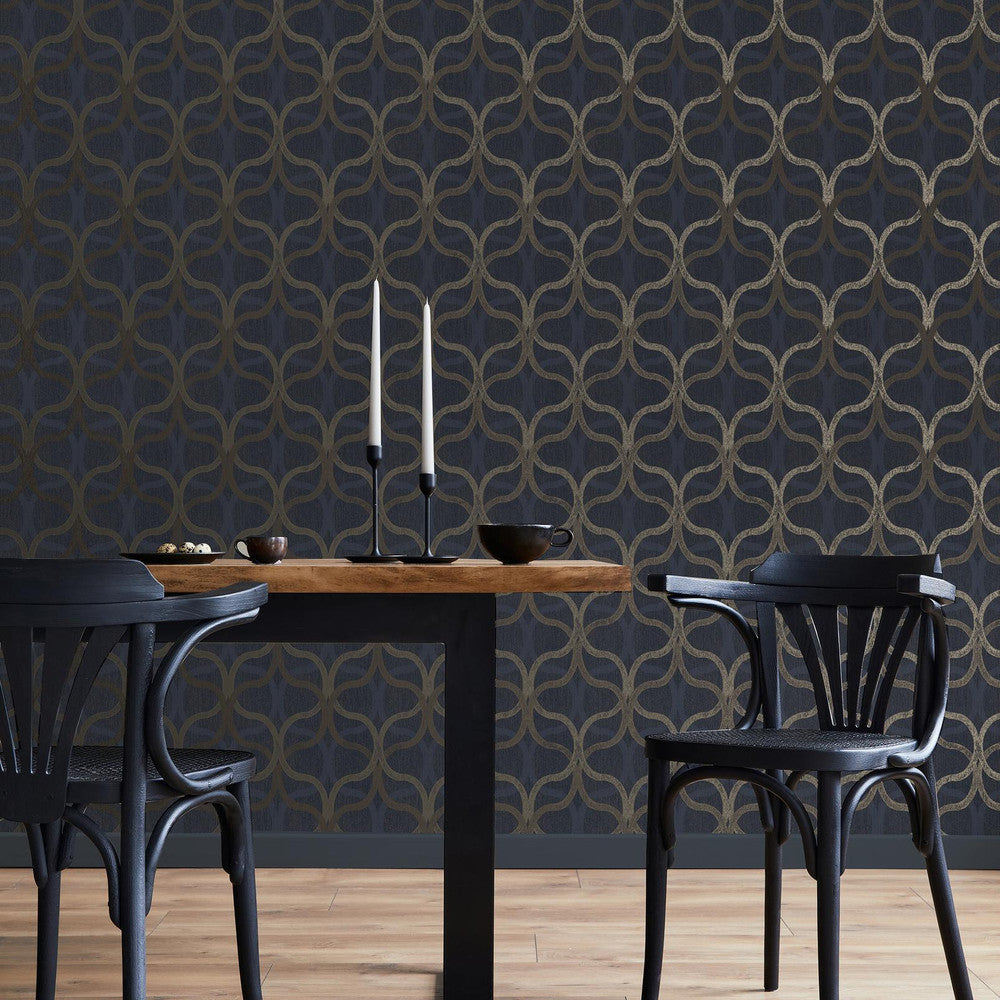 128000 - Refine Geo Wallpaper - Navy & Gold - Boutique Luxury