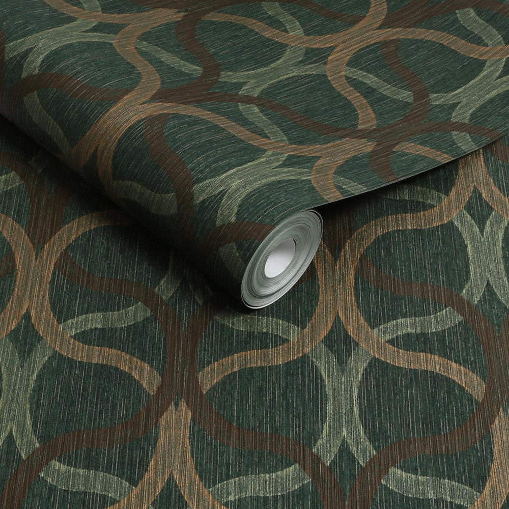 128006 - Refine Geo Wallpaper -Green & Gold - Boutique Luxury