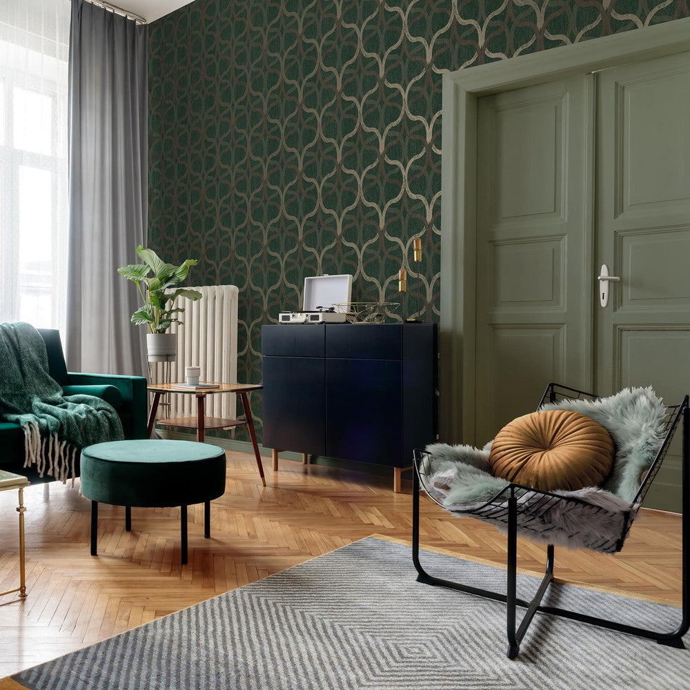 128006 - Refine Geo Wallpaper -Green & Gold - Boutique Luxury