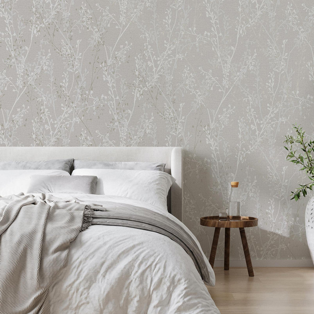 128045 - Breeze Sprig Wallpaper - Pearl - Boutique Luxury