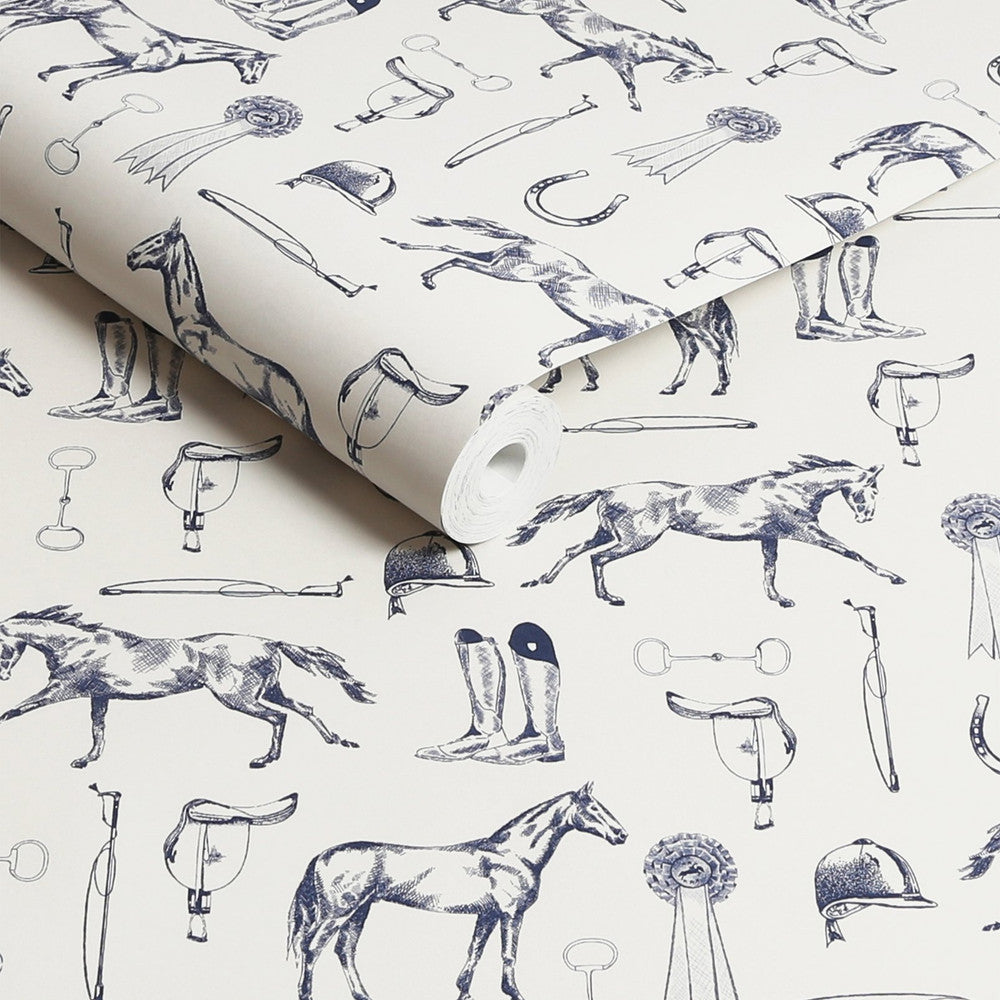 128902 - Sketched Equestrian Wallpaper - Cream & Blue - Joules