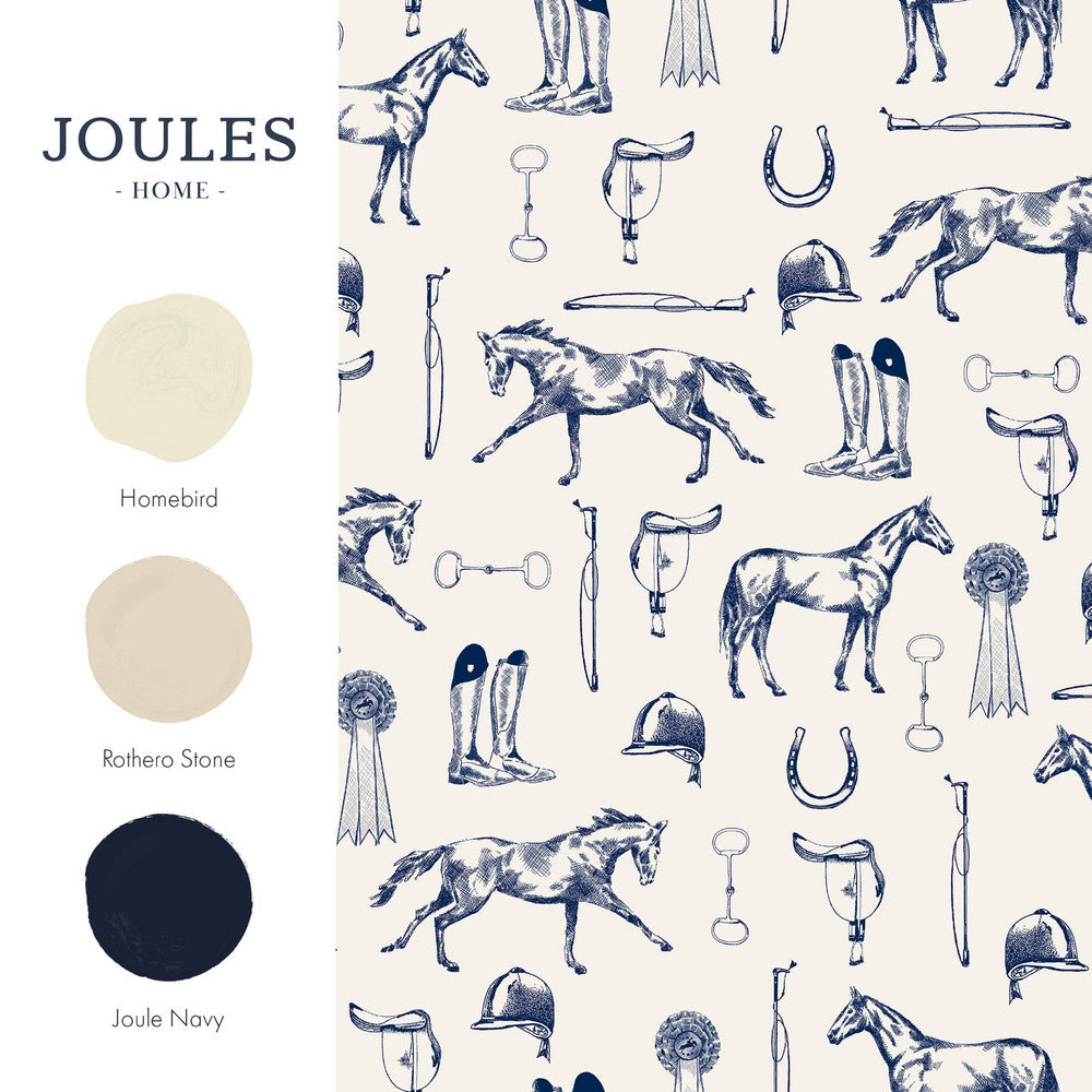 128902 - Sketched Equestrian Wallpaper - Cream & Blue - Joules