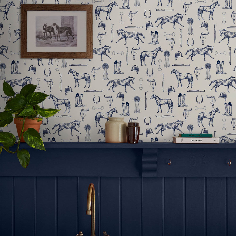 128902 - Sketched Equestrian Wallpaper - Cream & Blue - Joules
