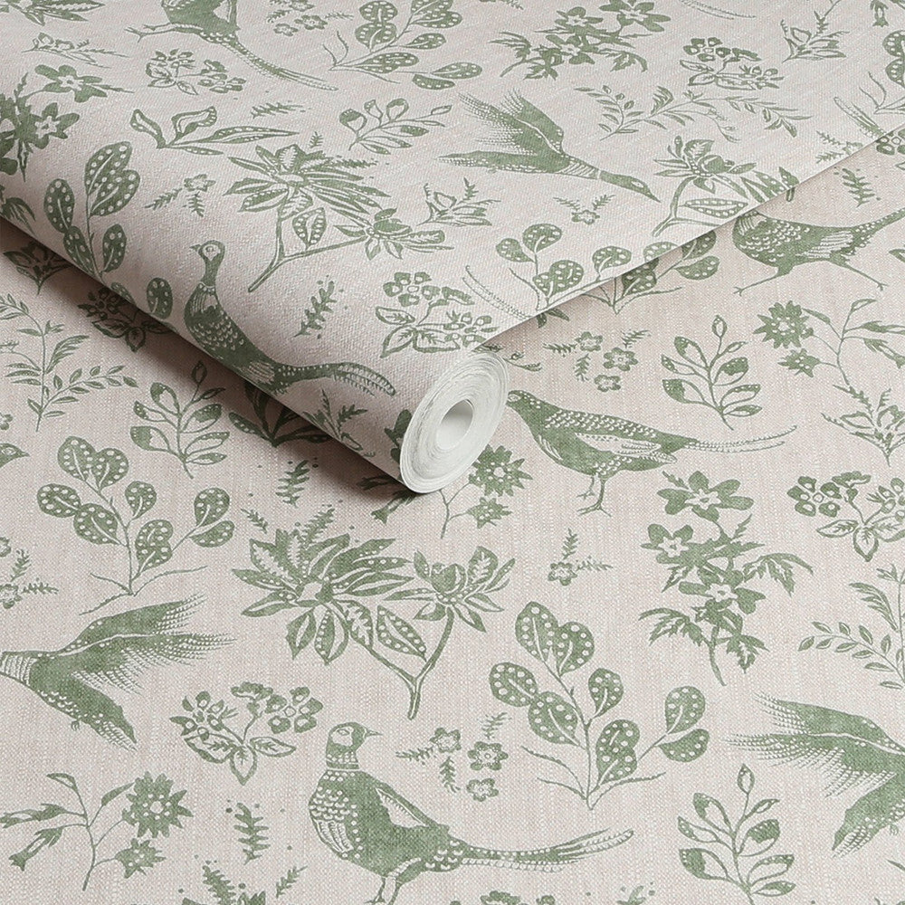 128920 - Pheasant Wallpaper - Linen & Green - Joules