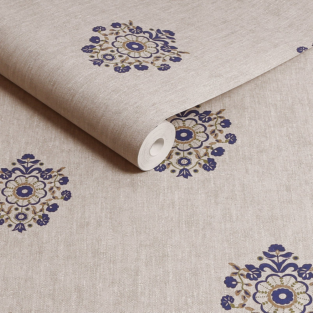 128941 - Grove Motif Wallpaper - Linen & Blue - Joules