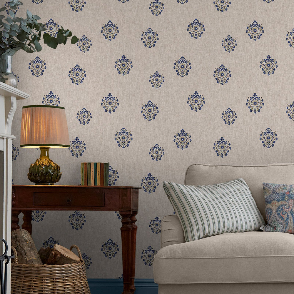 128941 - Grove Motif Wallpaper - Linen & Blue - Joules