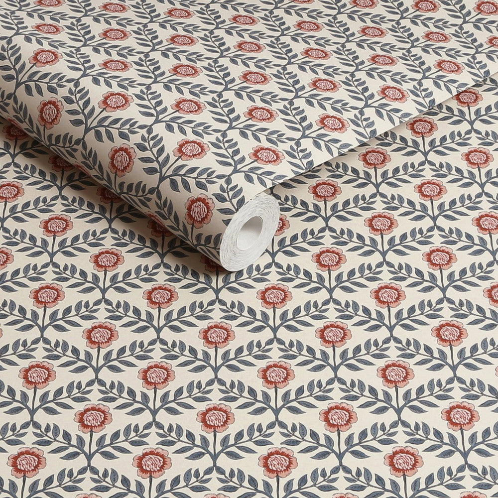128956 - Stately Floral Wallpaper - Cream & Blue - Joules