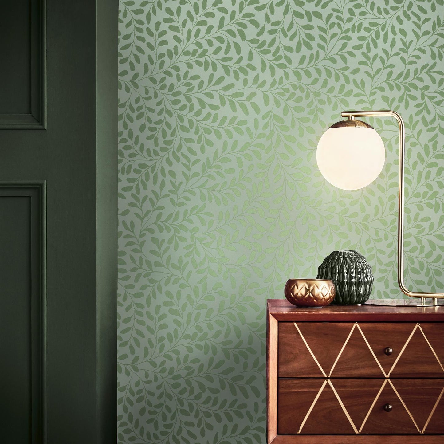130369 - Gilded Leaf Wallpaper - Leaf Sage & Pale Gold - Graham & Brown
