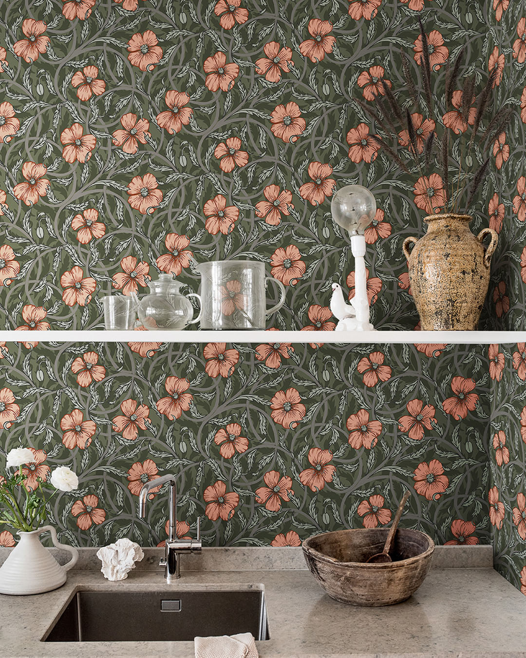 28028 - Poppy Wallpaper - Forest Green - Midbec