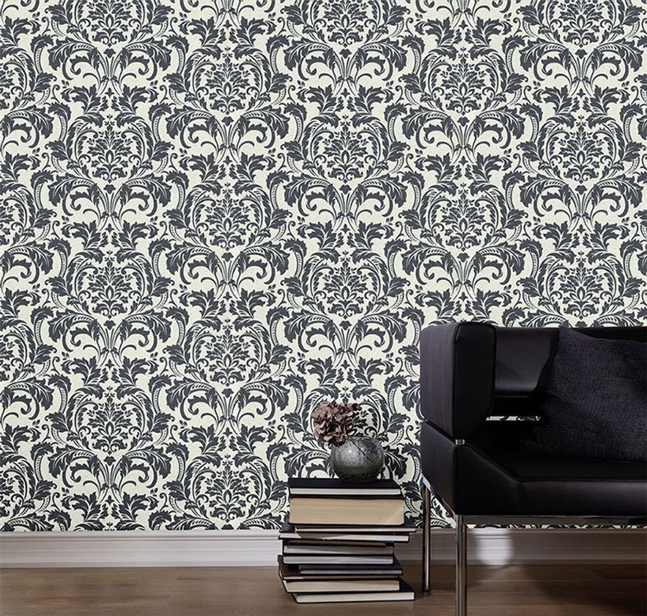 41005-60 - Deluxe Guido Damask Maria Kretschmer Wallpaper - Charcoal/Ivory - P+S International