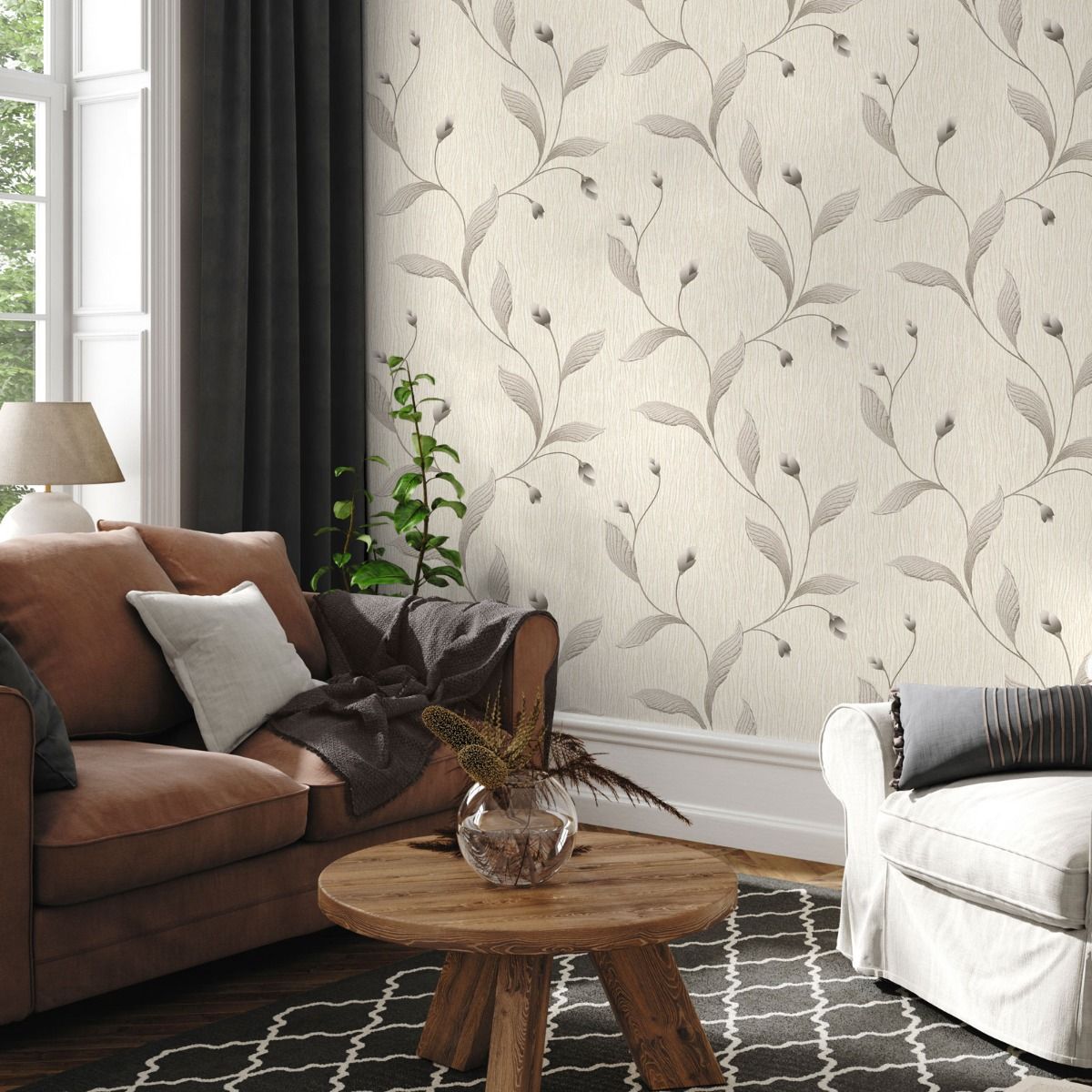 41338 - Tiffany Floral Trail Textured Vinyl Wallpaper - Charcoal - Belgravia