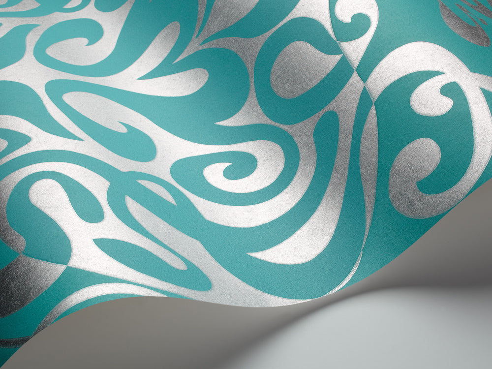 69/7128 - Woodstock Wallpaper - Metallic Silver on Teal - Cole & Son