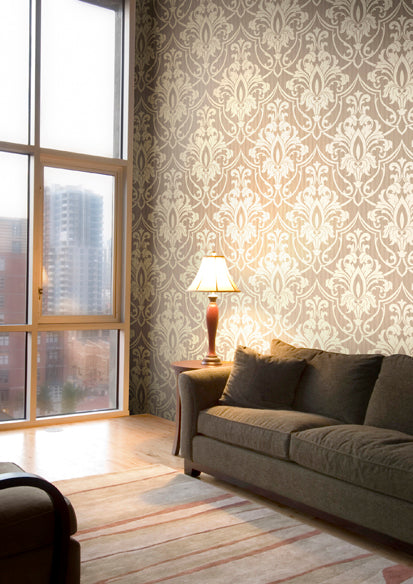 88/8033 - St Petersburg Damask Wallpaper - Metallic Gilver on Taupe - Cole & Son