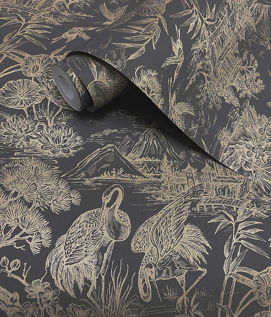 91701 - Natoru Wallpaper - Charcoal / Gold - Holden Decor