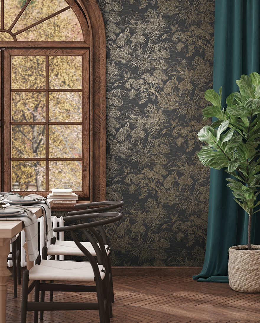 91701 - Natoru Wallpaper - Charcoal / Gold - Holden Decor
