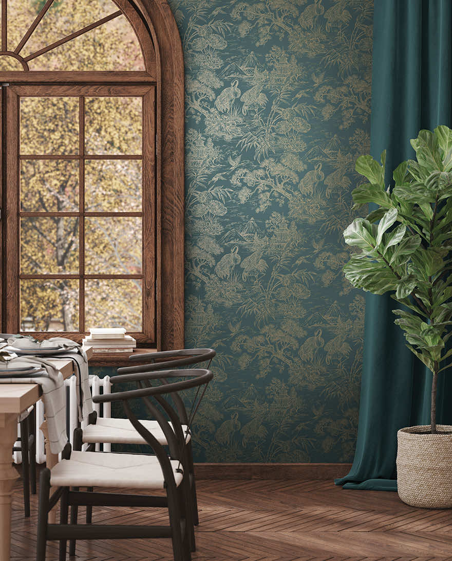 91702 - Natoru Wallpaper - Aqua / Gold - Holden Decor