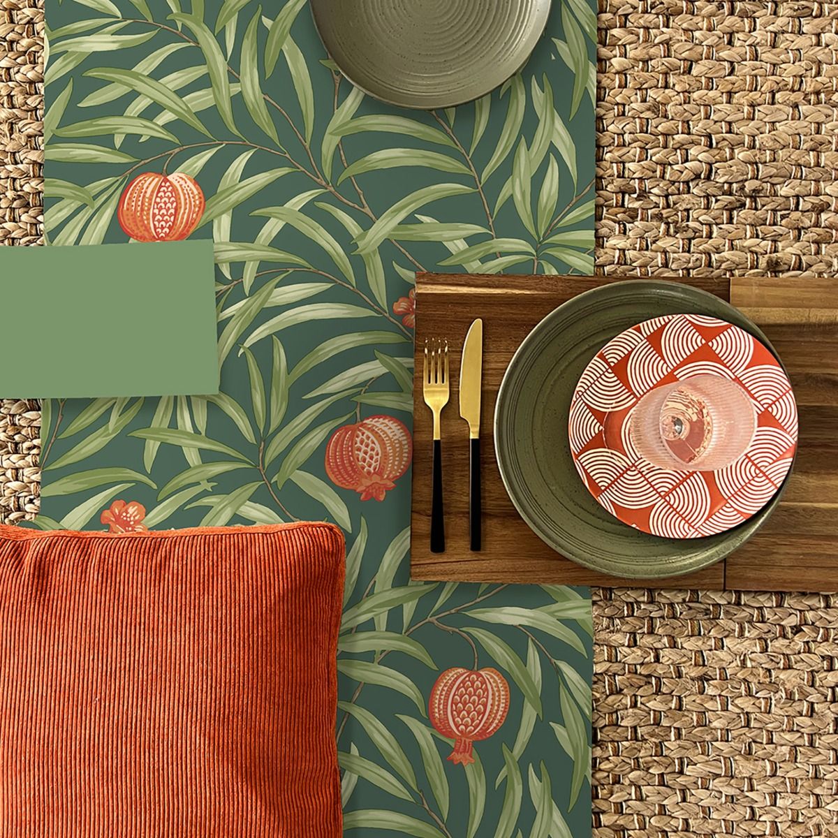 9613 - Pomegranate Wallpaper - Green/Orange - Belgravia