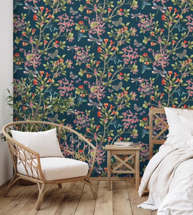 BMHD002-04B - Jewel A Flutter Wallpaper - Indigo & Red - Brand McKenzie