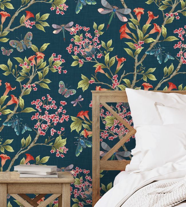 BMHD002-04B - Jewel A Flutter Wallpaper - Indigo & Red - Brand McKenzie