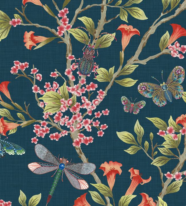 BMHD002-04B - Jewel A Flutter Wallpaper - Indigo & Red - Brand McKenzie