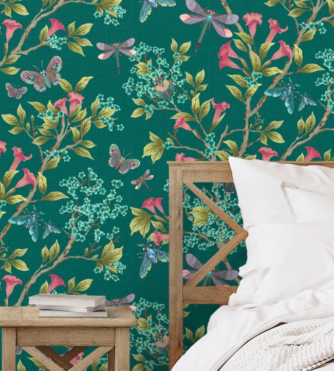 BMHD002-04C - Jewel A Flutter Wallpaper - Teal & Coral - Brand McKenzie