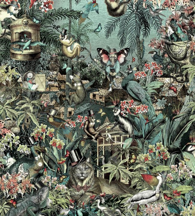 BMPP004-05A - Jungle Life Wallpaper - Aquamarine & Coral - Brand McKenzie