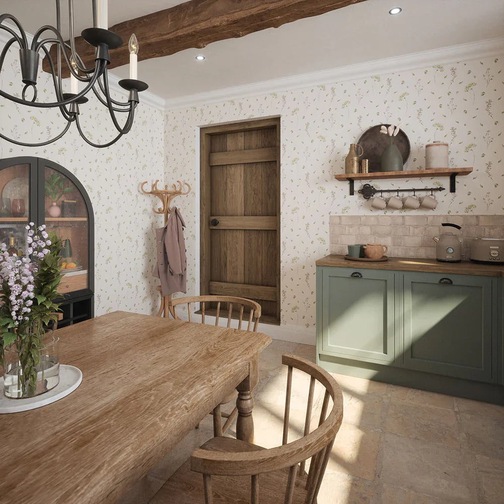 LAN100001 - Sweet Meadow Wallpaper - Sage Green on Linen Cream - Lucie Annabel