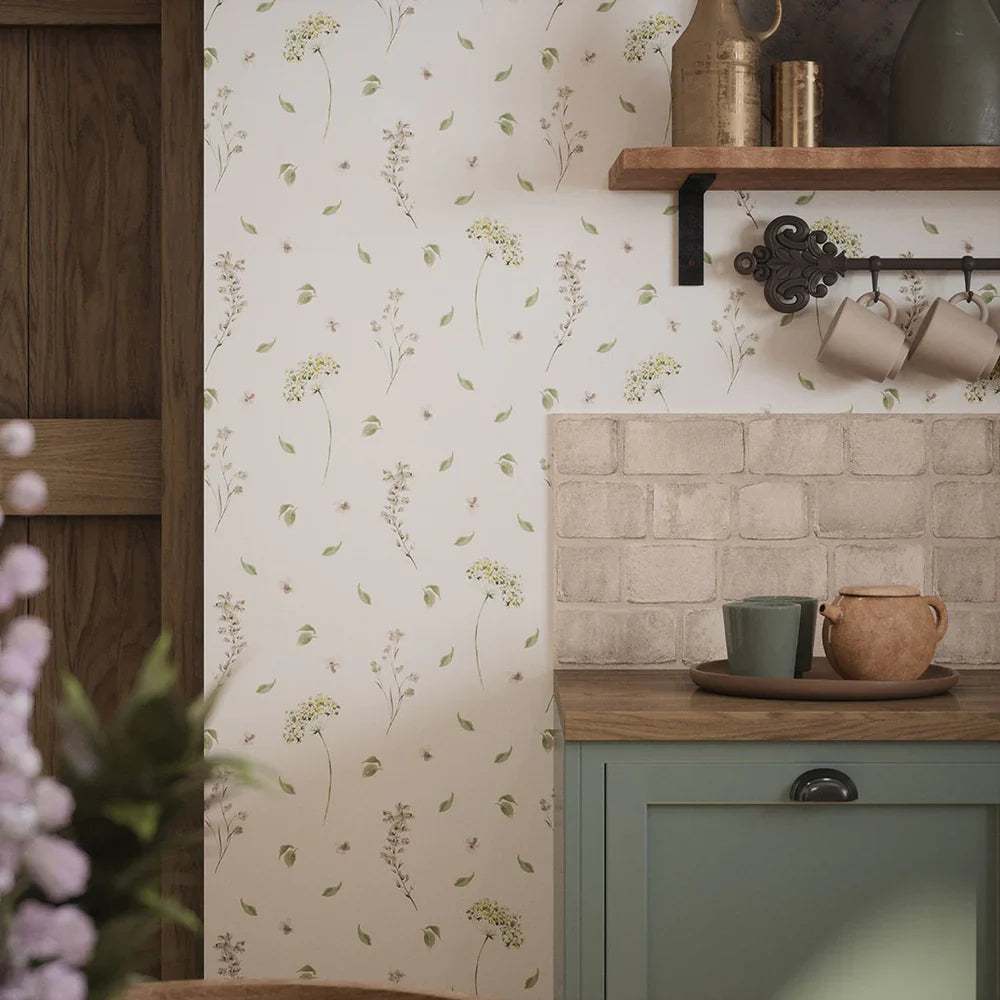 LAN100001 - Sweet Meadow Wallpaper - Sage Green on Linen Cream - Lucie Annabel