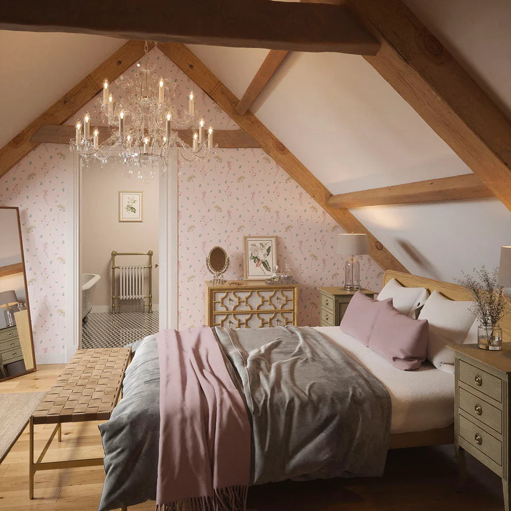 LAN100002 - Sweet Meadow Wallpaper - Soft Teal on Pastel Pink - Lucie Annabel