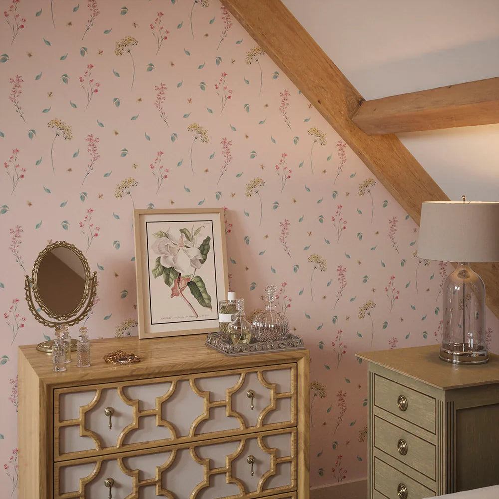 LAN100002 - Sweet Meadow Wallpaper - Soft Teal on Pastel Pink - Lucie Annabel