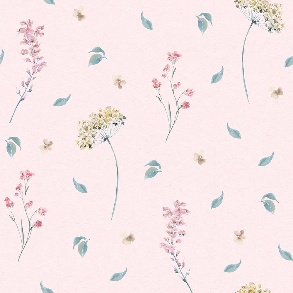 LAN100002 - Sweet Meadow Wallpaper - Soft Teal on Pastel Pink - Lucie Annabel