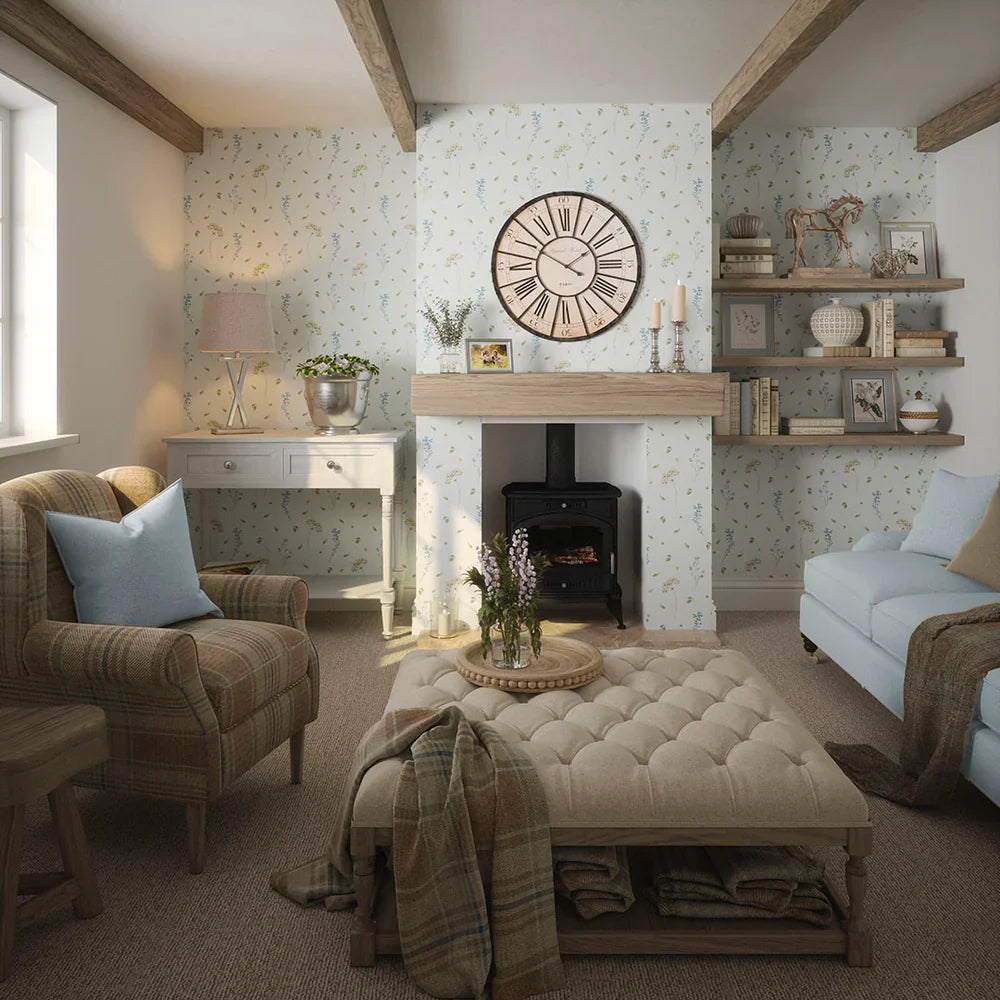 LAN100003 - Sweet Meadow Wallpaper - Cornflower Blue & Sage on Mist - Lucie Annabel