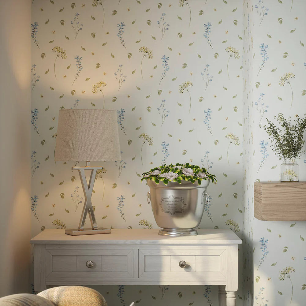 LAN100003 - Sweet Meadow Wallpaper - Cornflower Blue & Sage on Mist - Lucie Annabel
