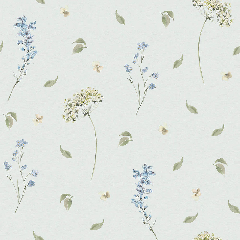 LAN100003 - Sweet Meadow Wallpaper - Cornflower Blue & Sage on Mist - Lucie Annabel