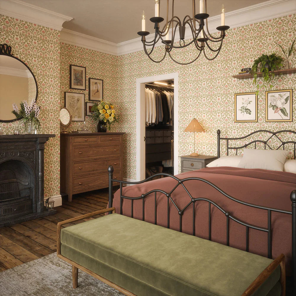 LAN100036 - Tulip Garden Wallpaper - Sweet Pink & Olive on Cream - Lucie Annabel