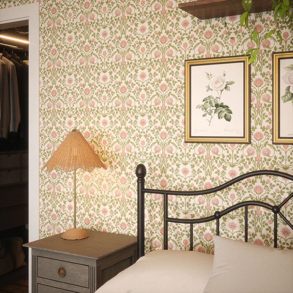 LAN100036 - Tulip Garden Wallpaper - Sweet Pink & Olive on Cream - Lucie Annabel