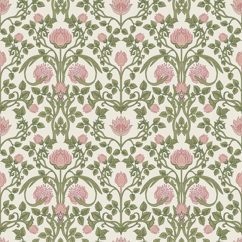LAN100036 - Tulip Garden Wallpaper - Sweet Pink & Olive on Cream - Lucie Annabel
