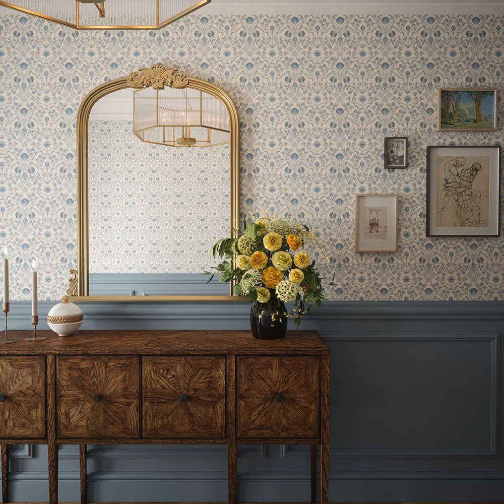 LAN100037 - Tulip Garden Wallpaper - Cornflower Blue on Vintage Cream - Lucie Annabel