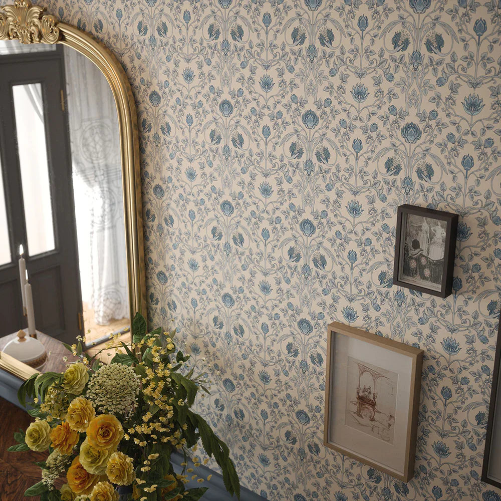 LAN100037 - Tulip Garden Wallpaper - Cornflower Blue on Vintage Cream - Lucie Annabel