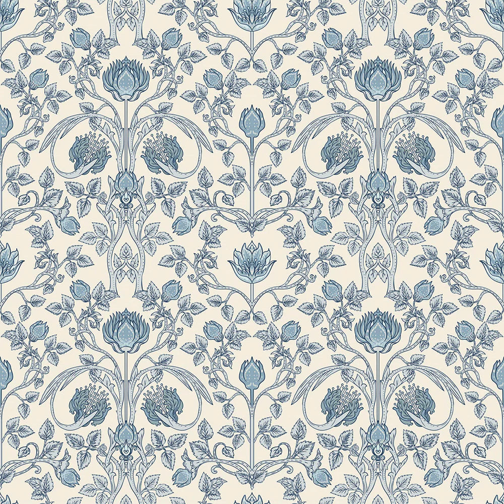LAN100037 - Tulip Garden Wallpaper - Cornflower Blue on Vintage Cream - Lucie Annabel