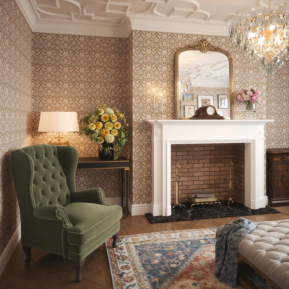 LAN100038 - Tulip Garden Wallpaper - Mineral & Forest Green on Vintage Rose - Lucie Annabel