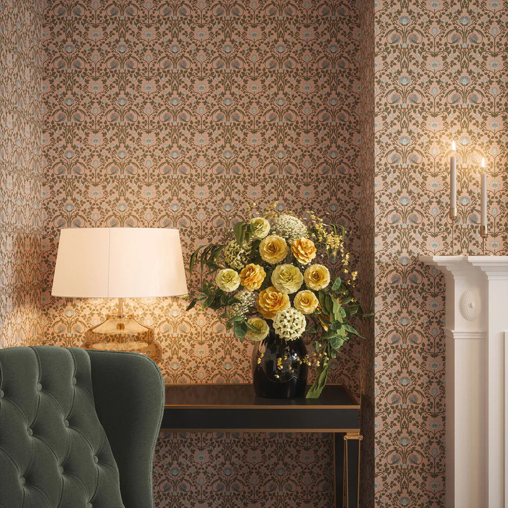 LAN100038 - Tulip Garden Wallpaper - Mineral & Forest Green on Vintage Rose - Lucie Annabel