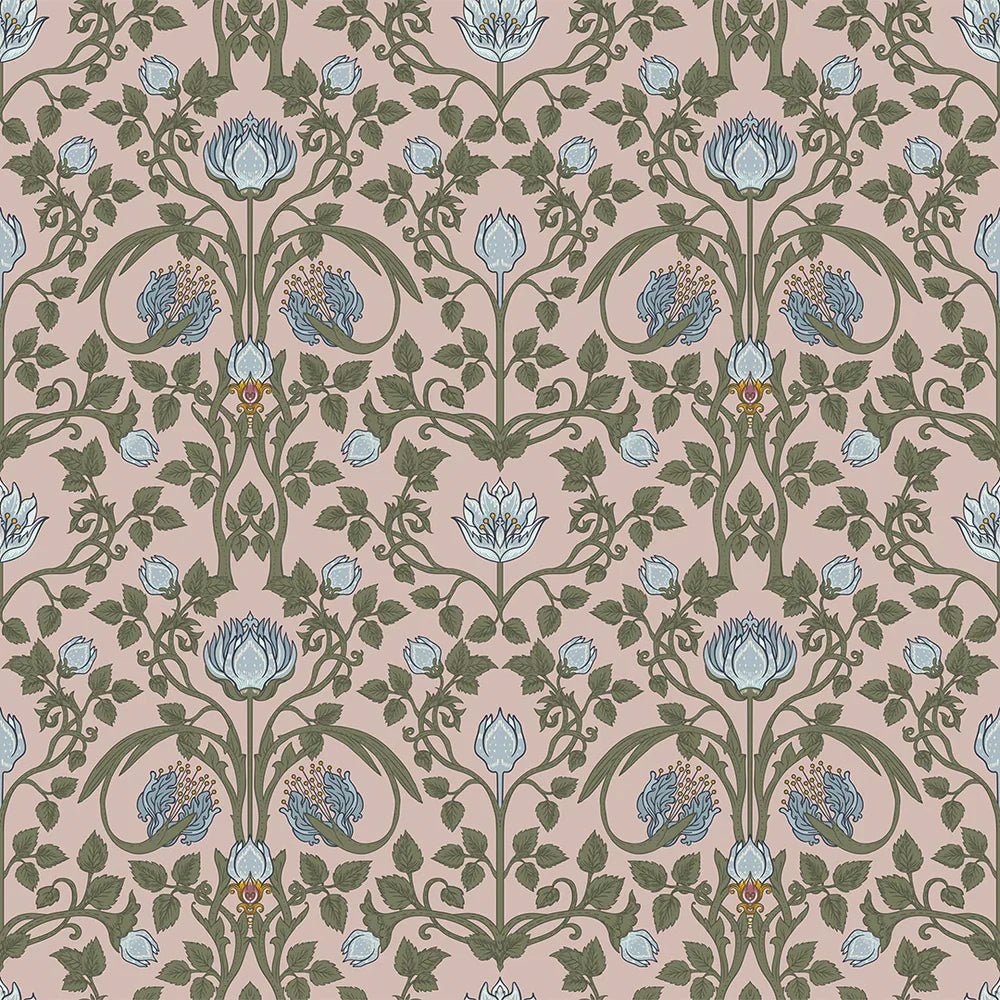 LAN100038 - Tulip Garden Wallpaper - Mineral & Forest Green on Vintage Rose - Lucie Annabel