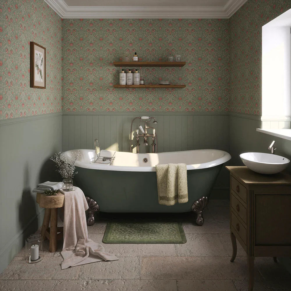 LAN100039 - Tulip Garden Wallpaper - Blushing Peach on Green Tea - Lucie Annabel