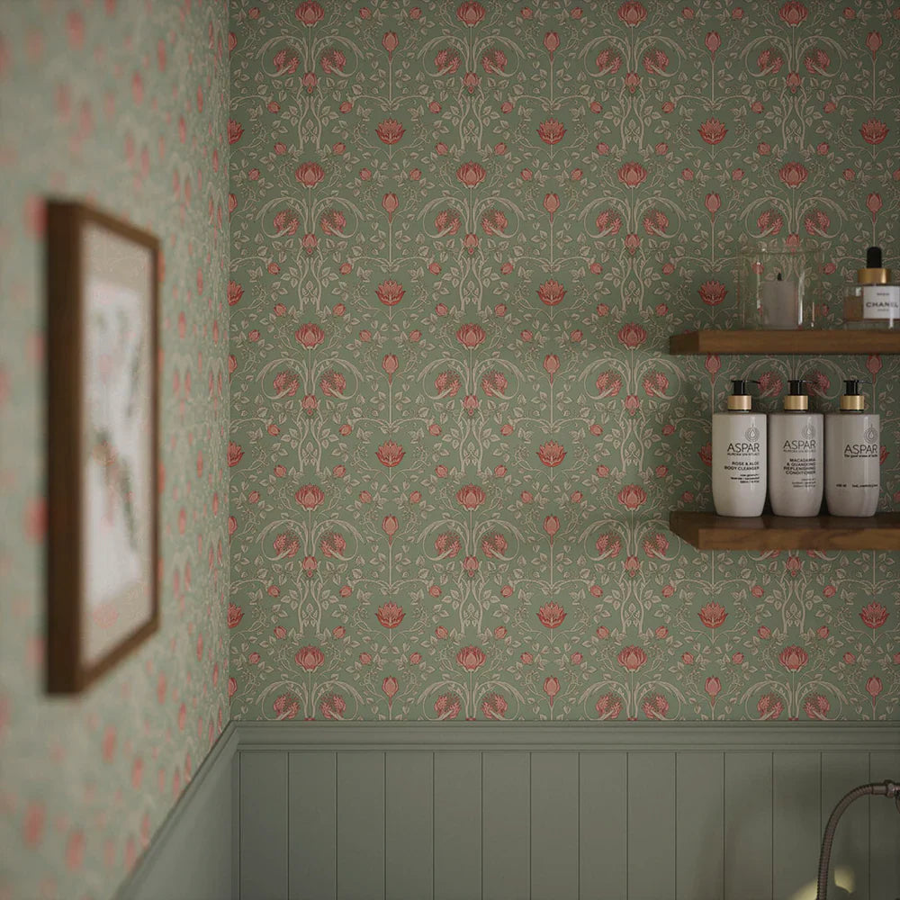 LAN100039 - Tulip Garden Wallpaper - Blushing Peach on Green Tea - Lucie Annabel