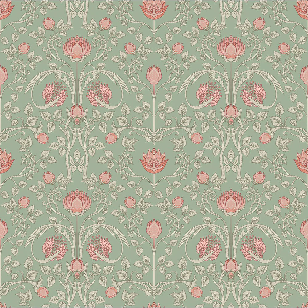LAN100039 - Tulip Garden Wallpaper - Blushing Peach on Green Tea - Lucie Annabel